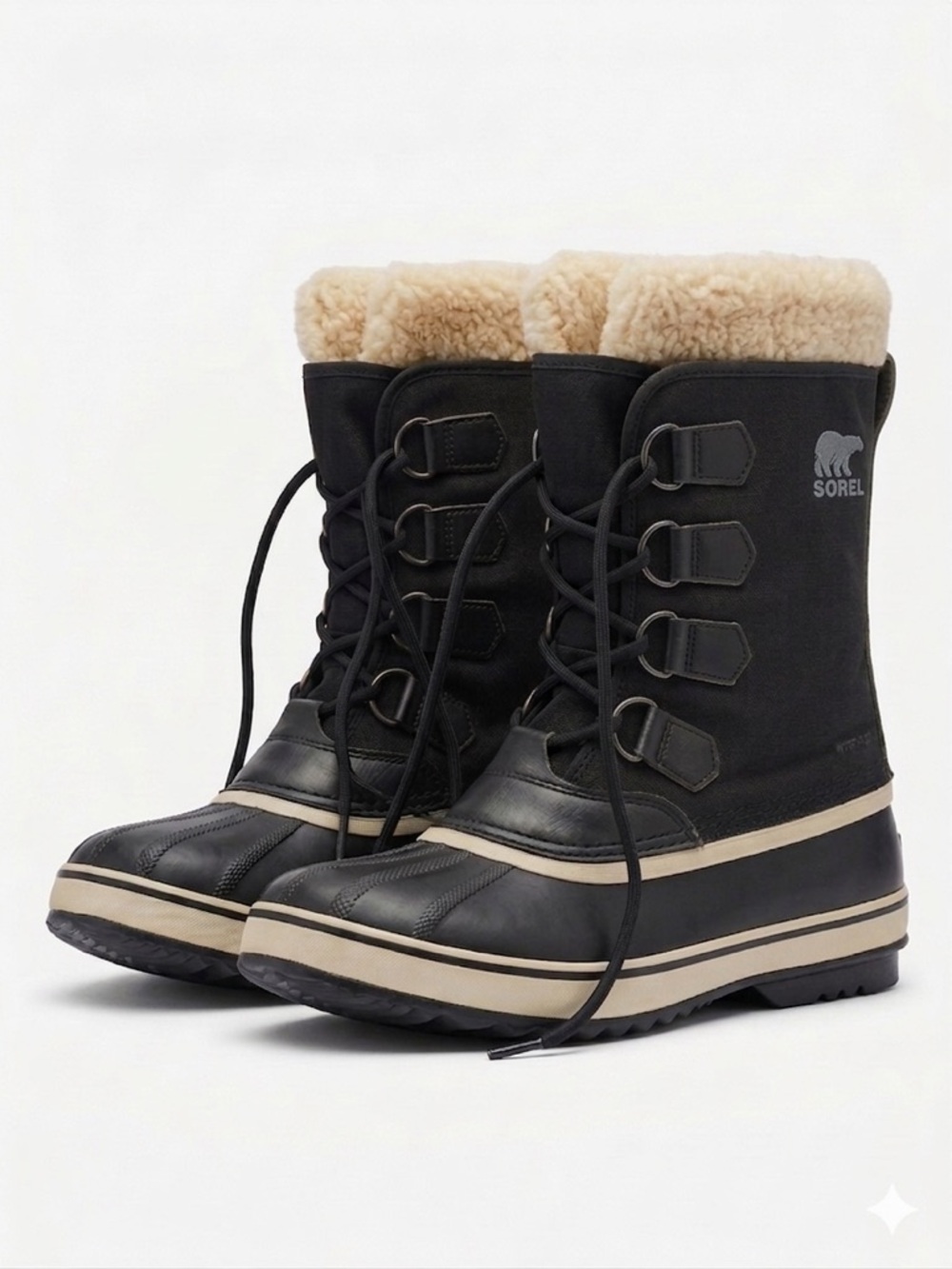 Sorel Black Winter Lace-Up Boots with Cream Shearling Top Size 9